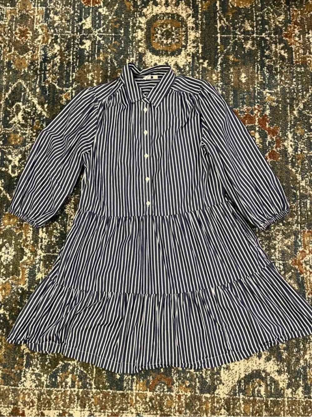 GAP Navy and White Striped Button-Front Tiered Dress